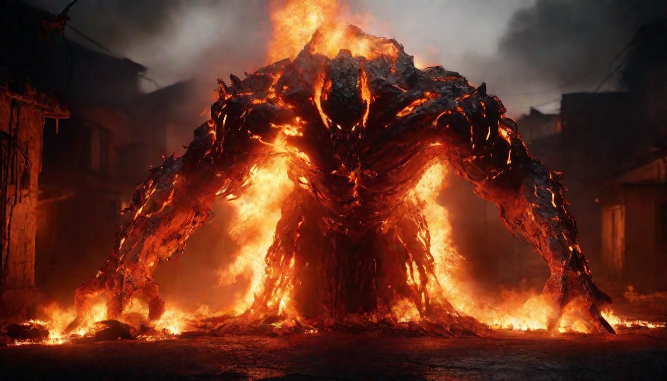 Fiery Molten Metal Demon in Burning Village