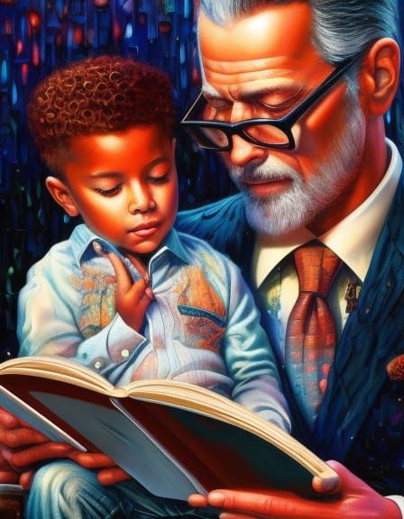 Father and Son Reading, Hyperrealistic Digital Art