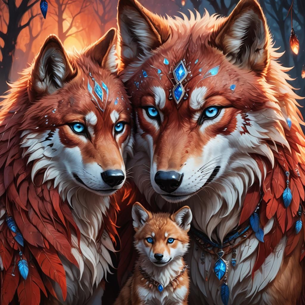 Anthropomorphic Red She-Wolf Guards Cub: Fantasy Illustratio...