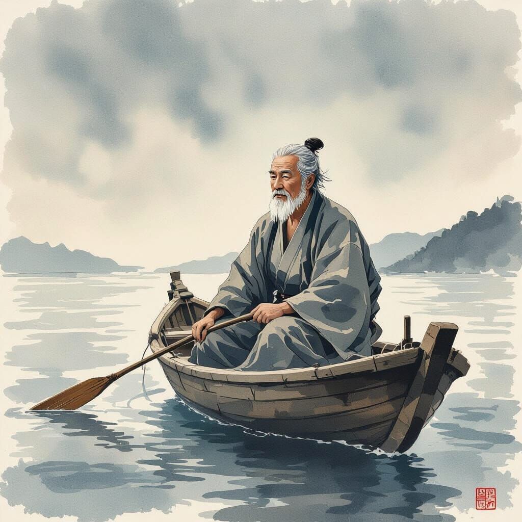 Old Man Sailing Solo in Serene Ocean Landscape