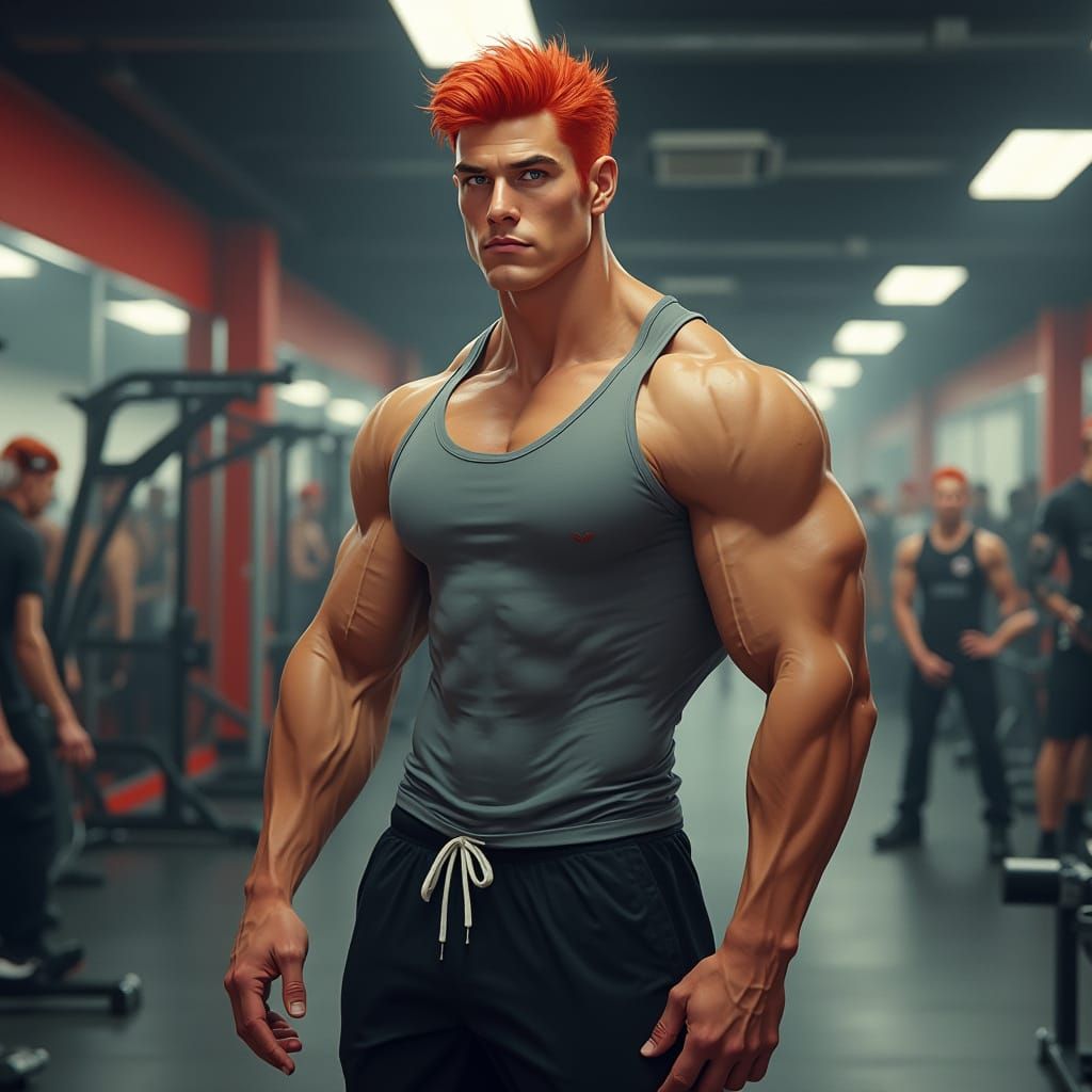Hyper-Realistic Muscular Man in Gym, Digital Art