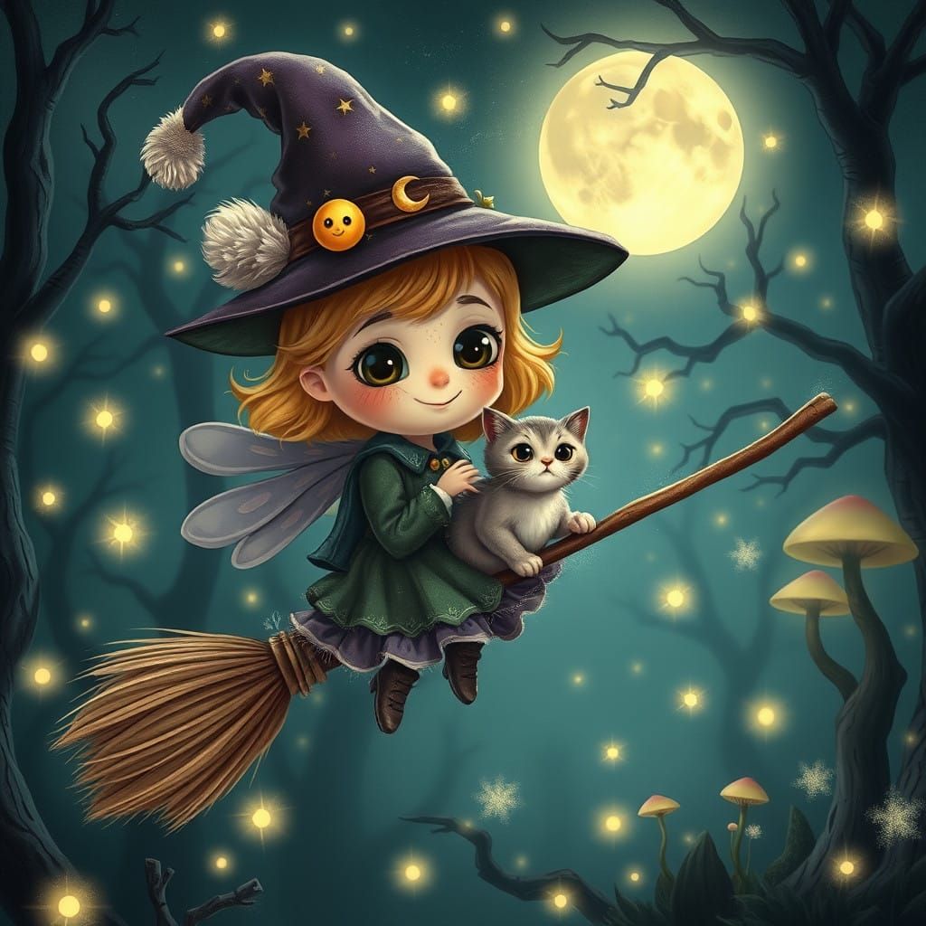 Mystical Witch Soars Through a Dreamy Moonlit Forest