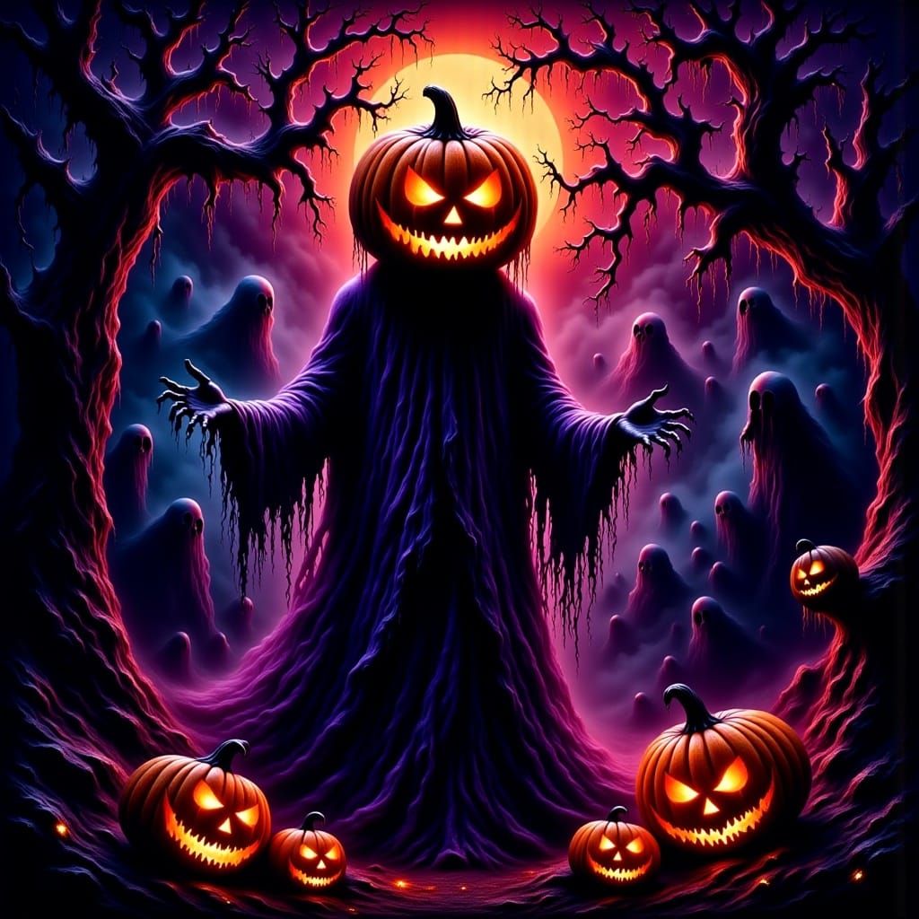 Spooky Pumpkin Head Ghost in Vivid Digital Art