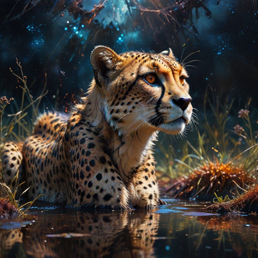 Cheetah Reflects Under Starry Sky in Dark Fantasy Painting