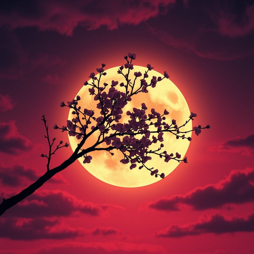 Cherry Tree Silhouette Under Full Moon