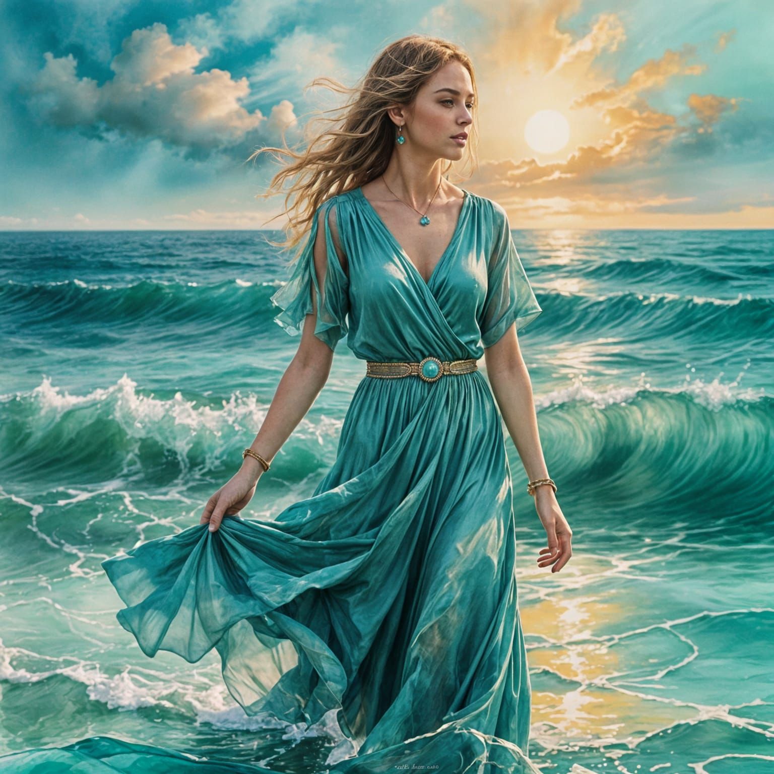 Ethereal Woman in Turquoise Watercolor Landscape