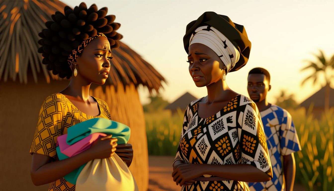 Emotional Scene of African Woman Crying Outside Hut