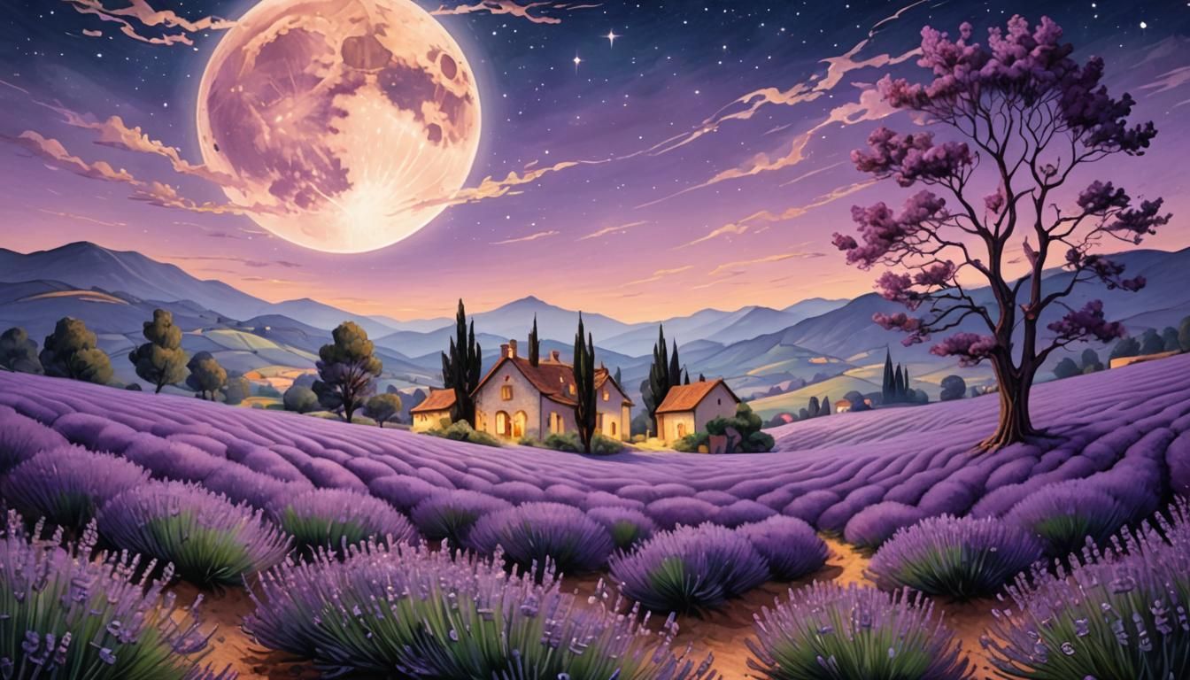 Lavender Fields Under Starry Moonlight: Ethereal Fantasy