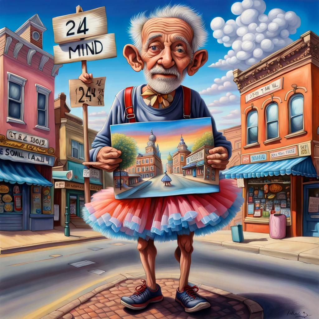 Whimsical Old Man in Tutu with Sign, Surreal Airbrush Art