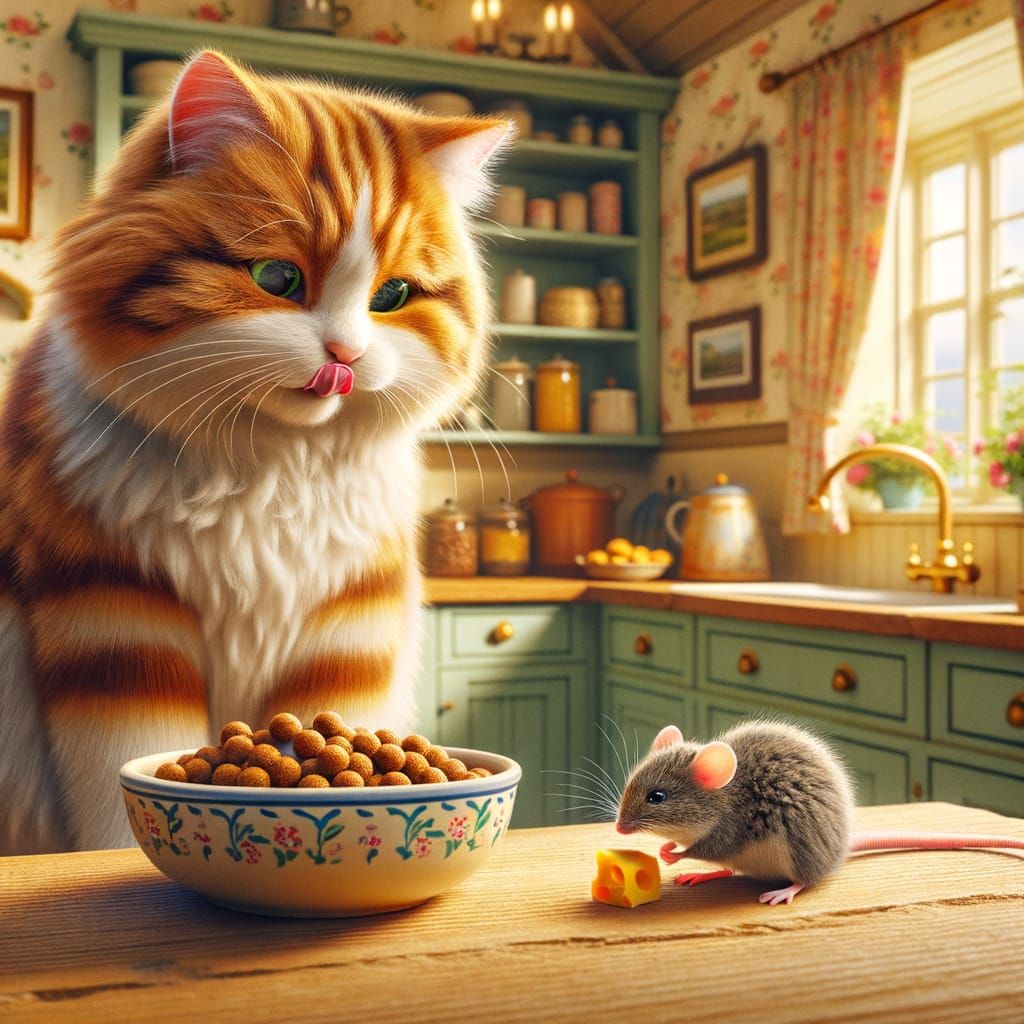 Feline and Mouse Share Lunch in Cozy Kitchen