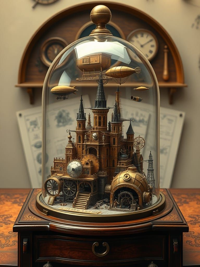 Steampunk City in Glass Dome, Vintage Illustration