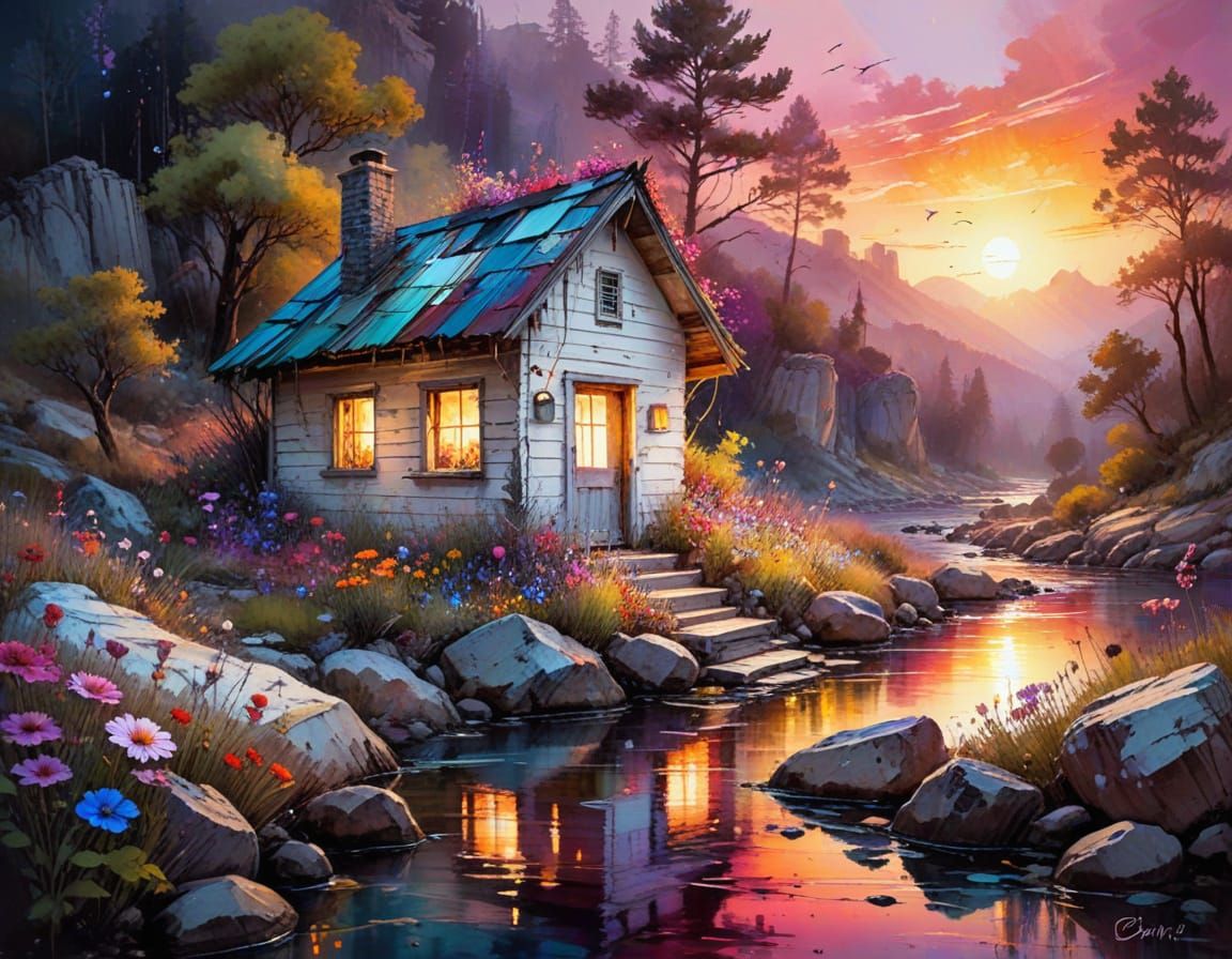 Whimsical Sunset Landscape with Glowing Cabin