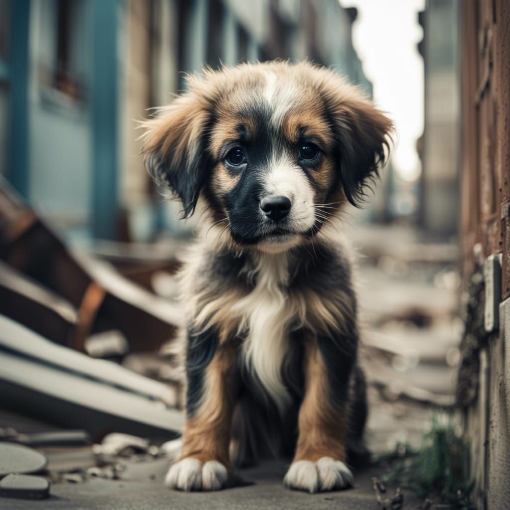 Sad Puppy in Abandoned Cityscape