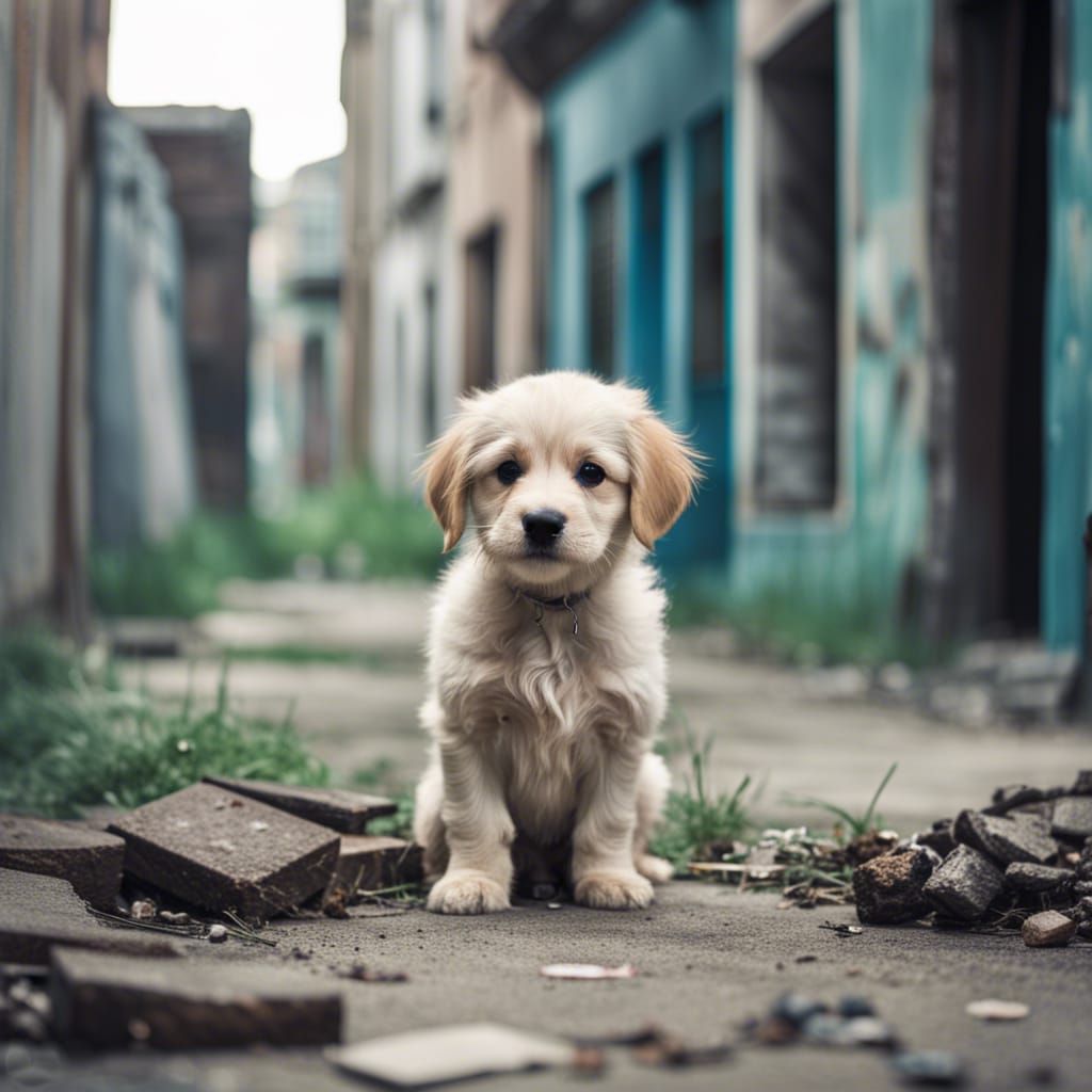 Sad Puppy in Abandoned City: A Heartbreaking Image