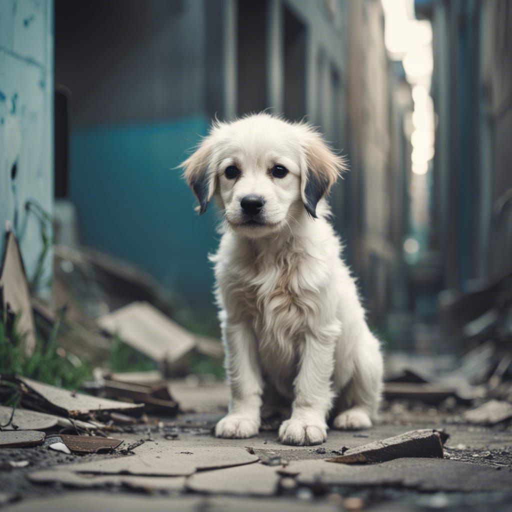 Sad Puppy in Abandoned Cityscape