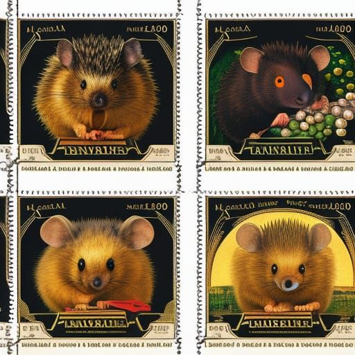 Stamps of Vampire, Mouse, and Hedgehog in Renaissance Style