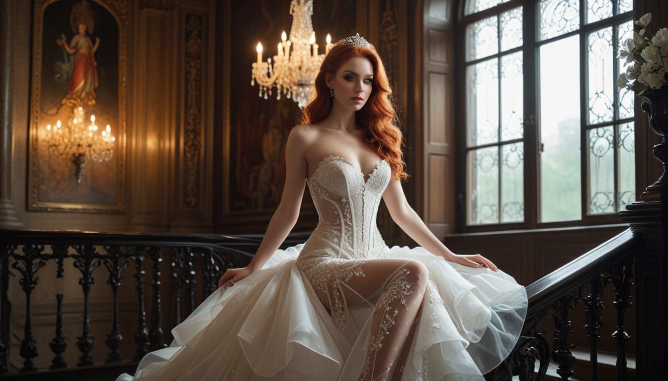 The image showcases a striking bridal portrait featuring a model seated gracefully on a polished railing. She is adorned...