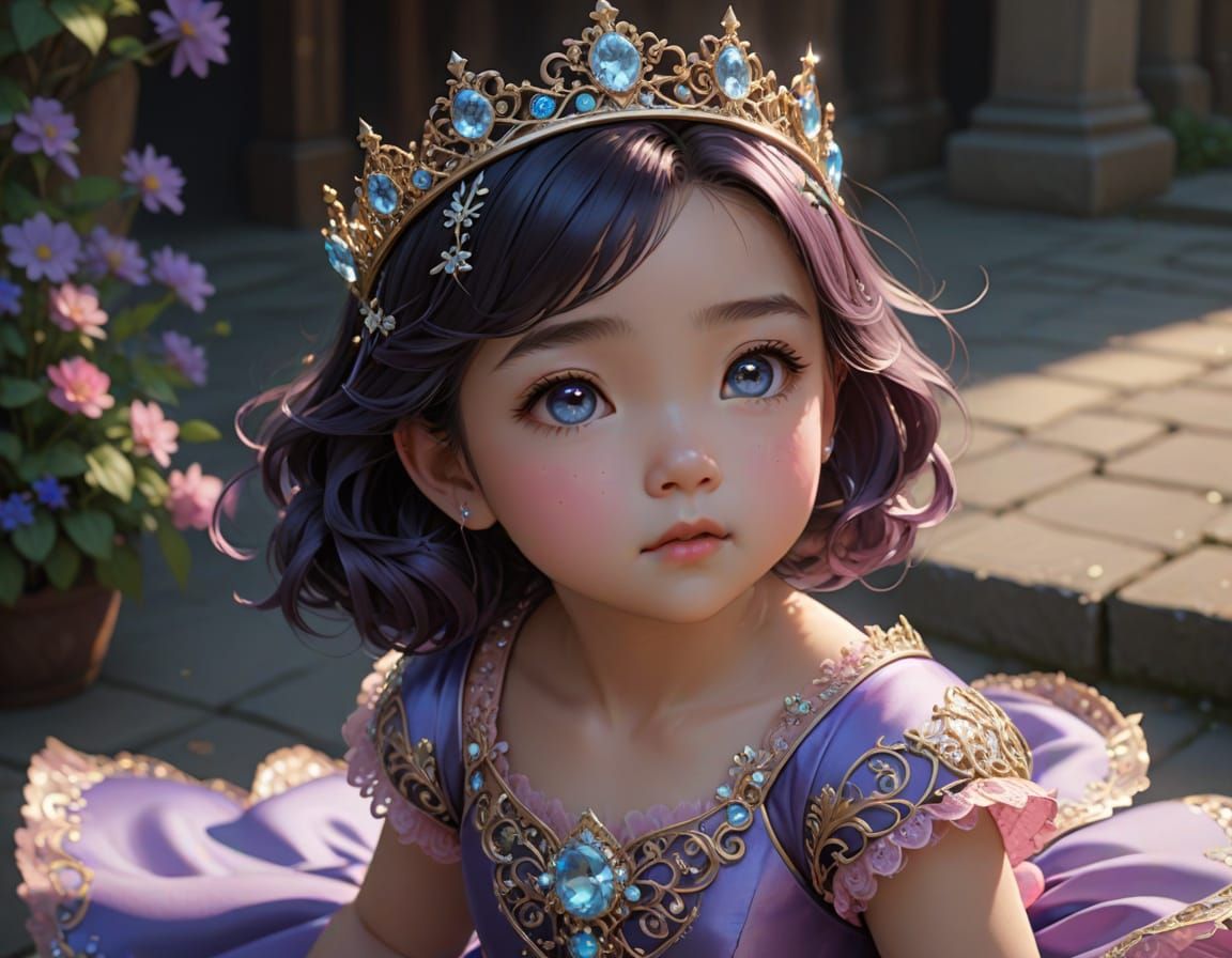 Joyful Princess Girl in Detailed Filigree Dress