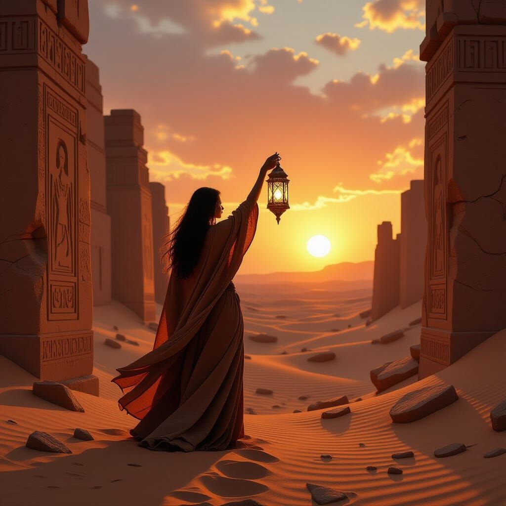 Woman with Lantern in Desert Ruins at Sunset