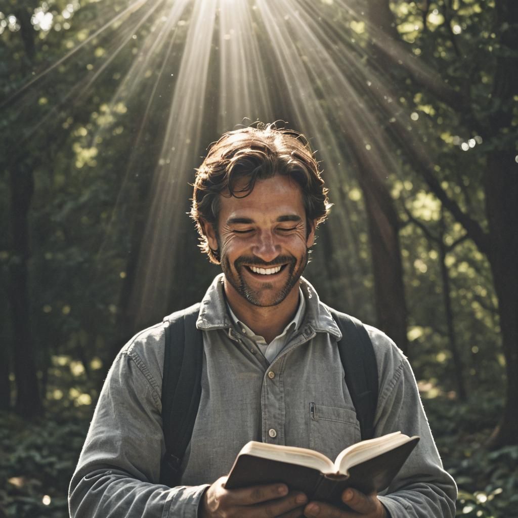 Man Reading Bible Bathed in Divine Light