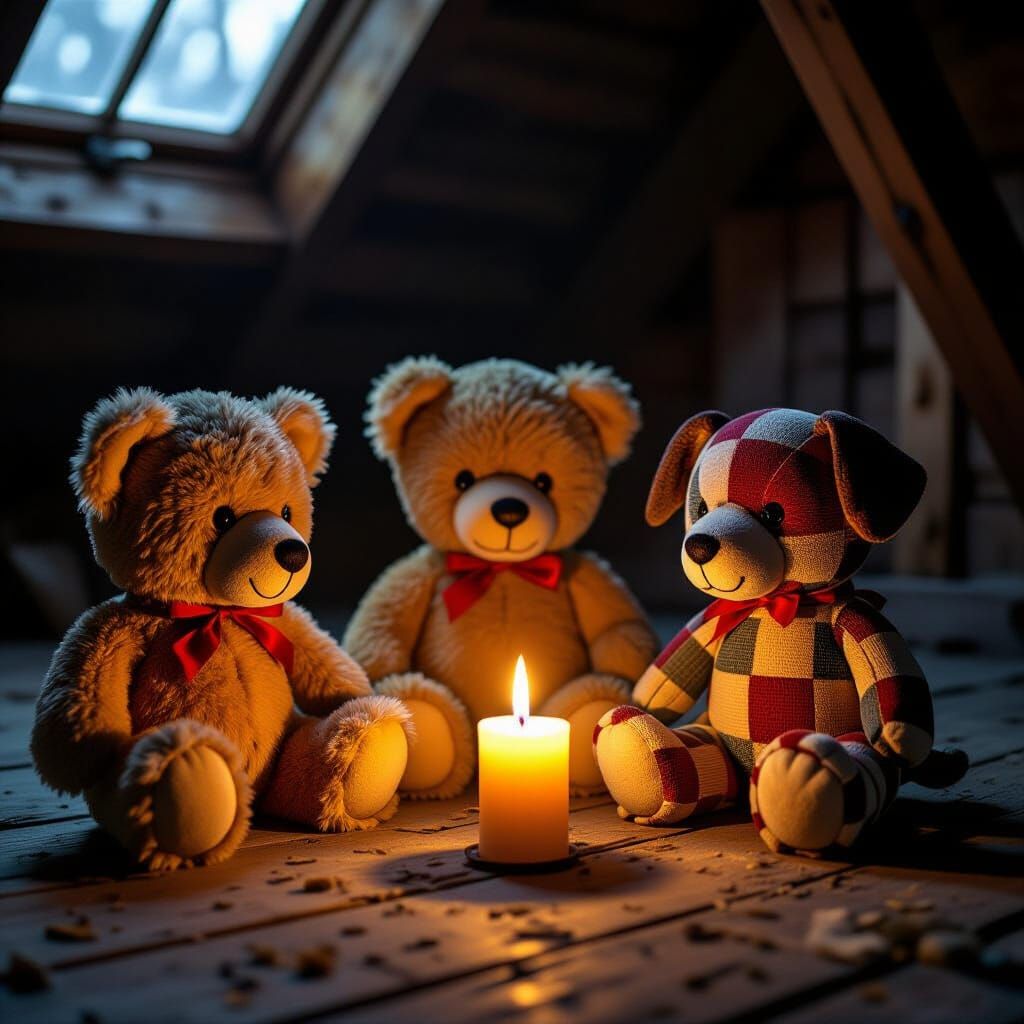 Vintage Stuffed Animals by Candlelight in Dusty Attic