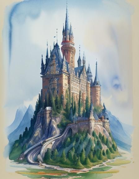 Crystal Castle with Spiral Spires in Gouache Style