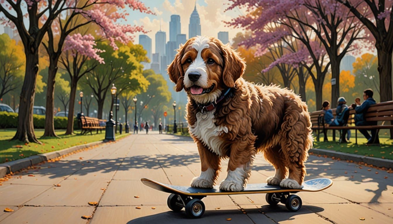 Bernedoodle on Skateboard in Kawaii Style