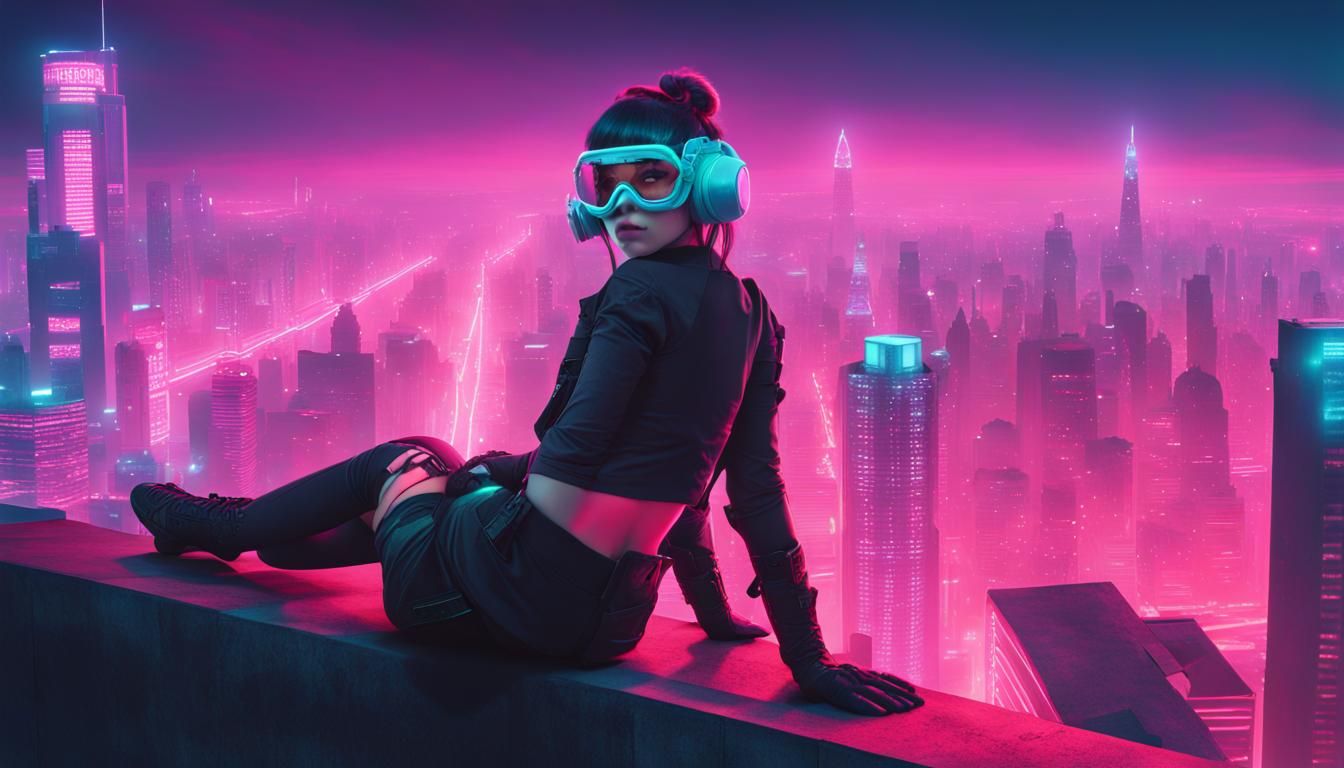 Cyberpunk Girl on Rooftop in Neon Cityscape