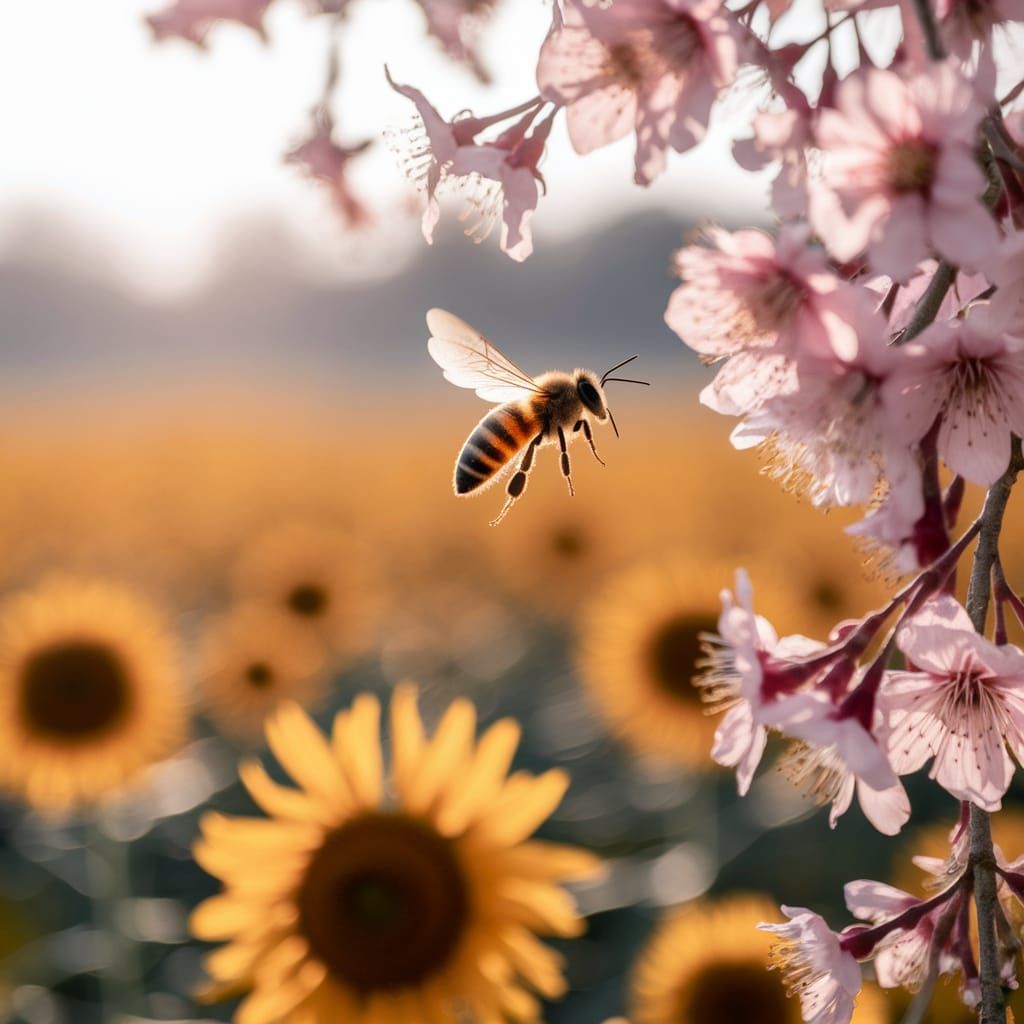 Bee in Flight Over Sunflowers & Almond Blossoms