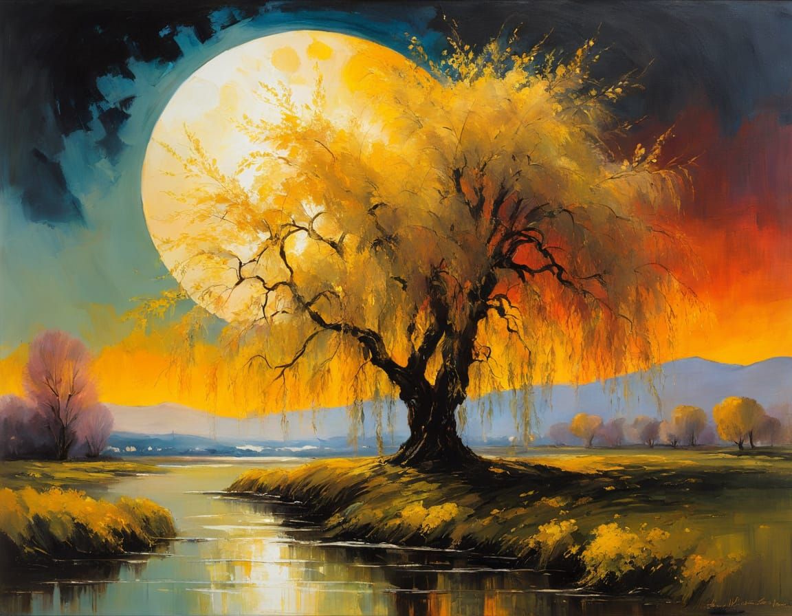 Willow Tree Painting in Impressionist Style