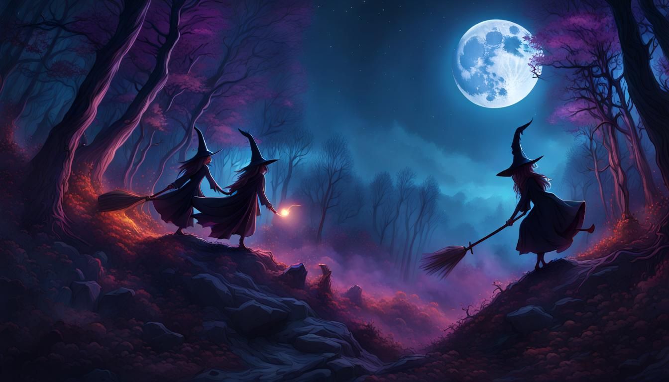 Witches on Brooms Over Forest: Dark Fantasy Art