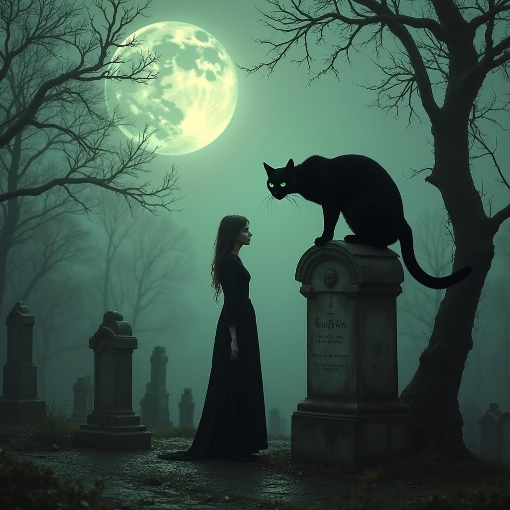 Woman in Cemetery with Black Cat, in Dark Surrealist Style