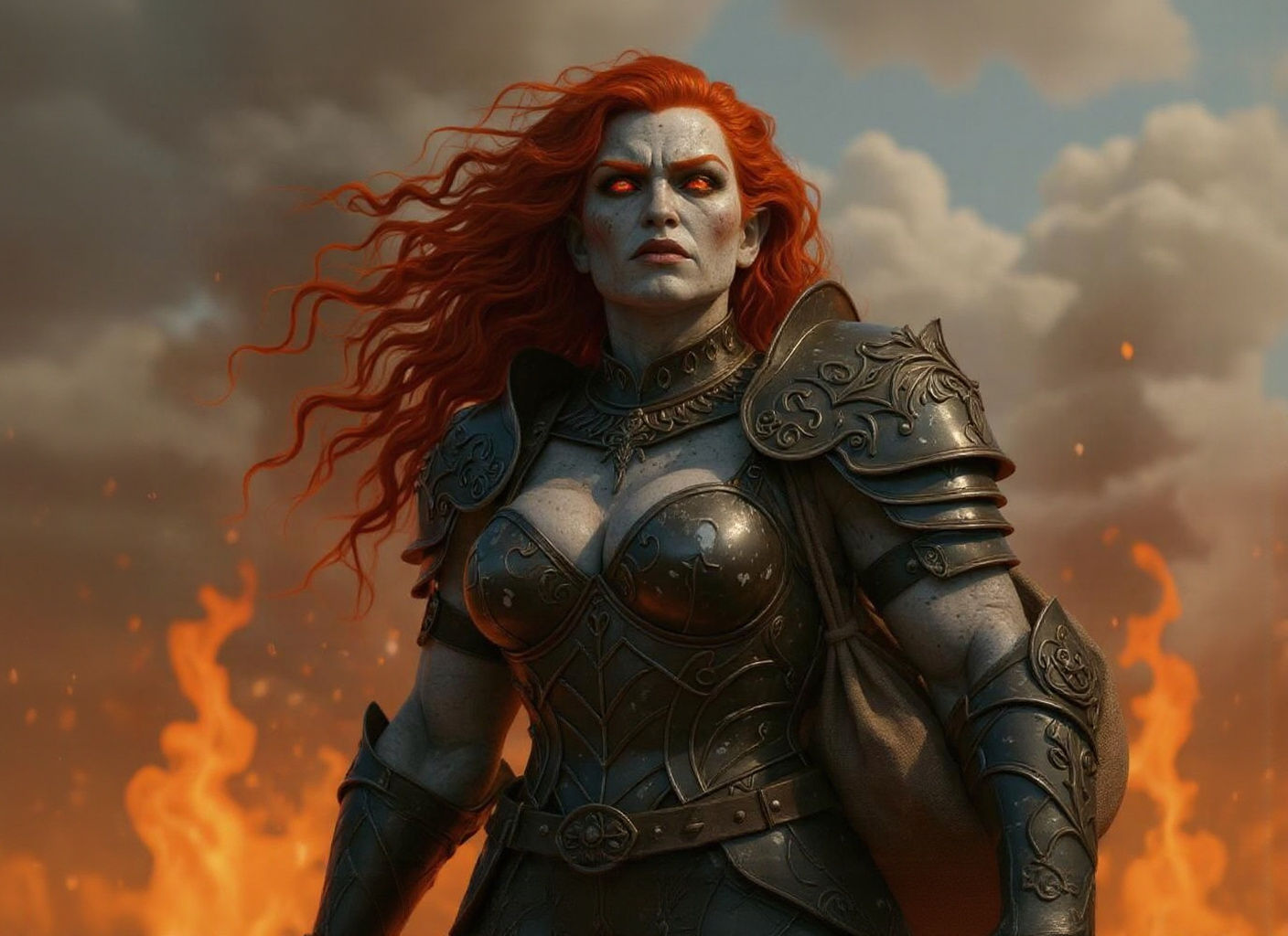 Imposing Giant Woman in Ornate Armor