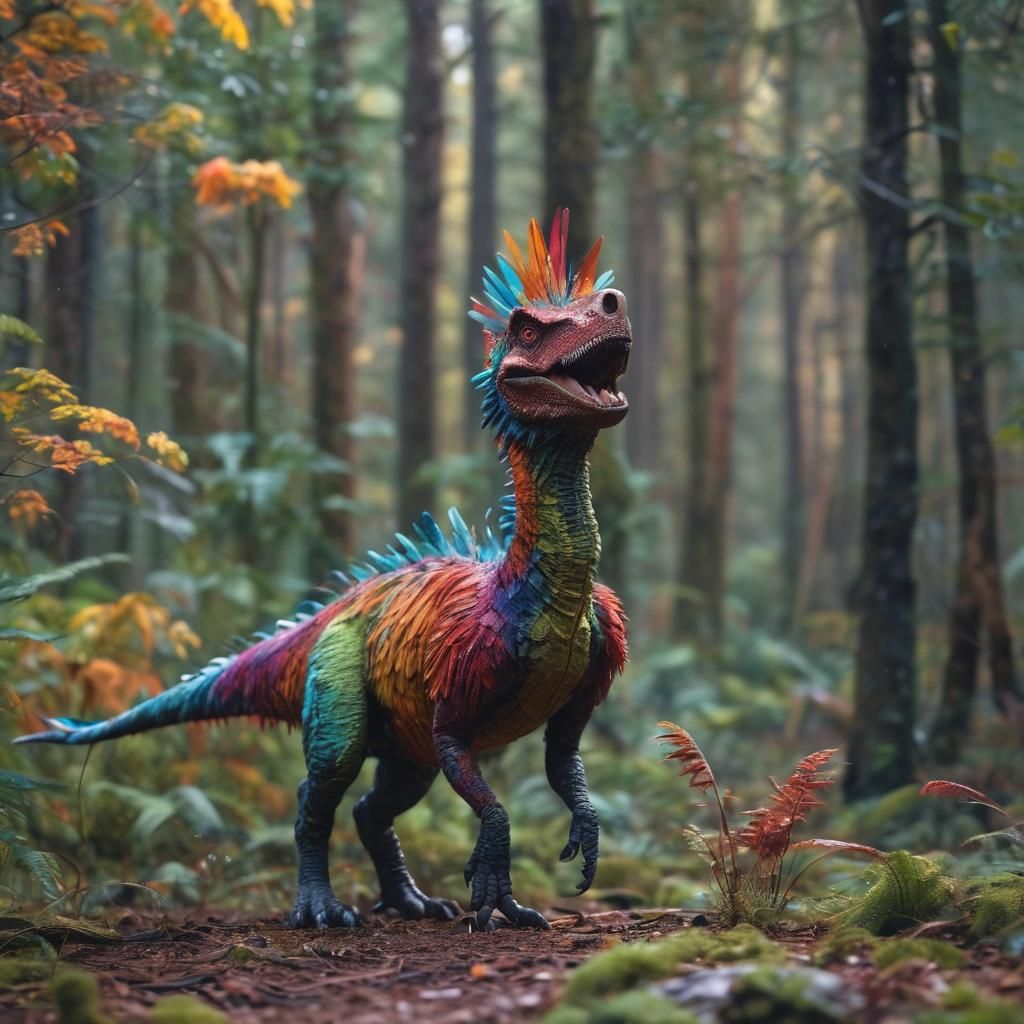 Vibrant Feathered Dinosaur in Lush Forest