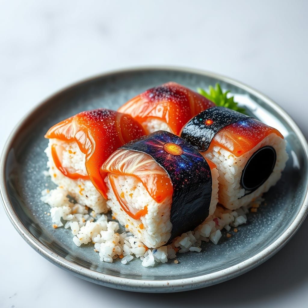 Cosmic Sushi Plate with Stardust Rice in Sci-Fi Style
