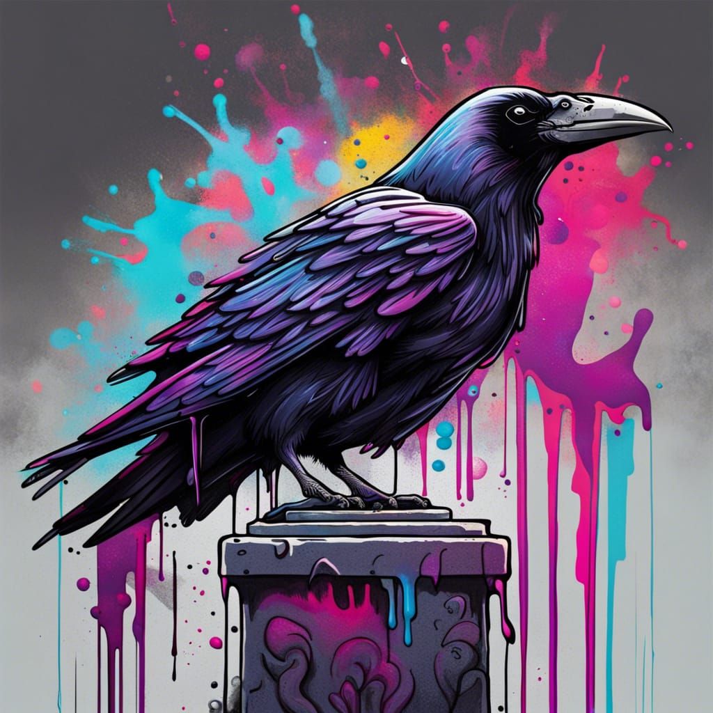 Raven on Tombstone in Graffiti Splash Art
