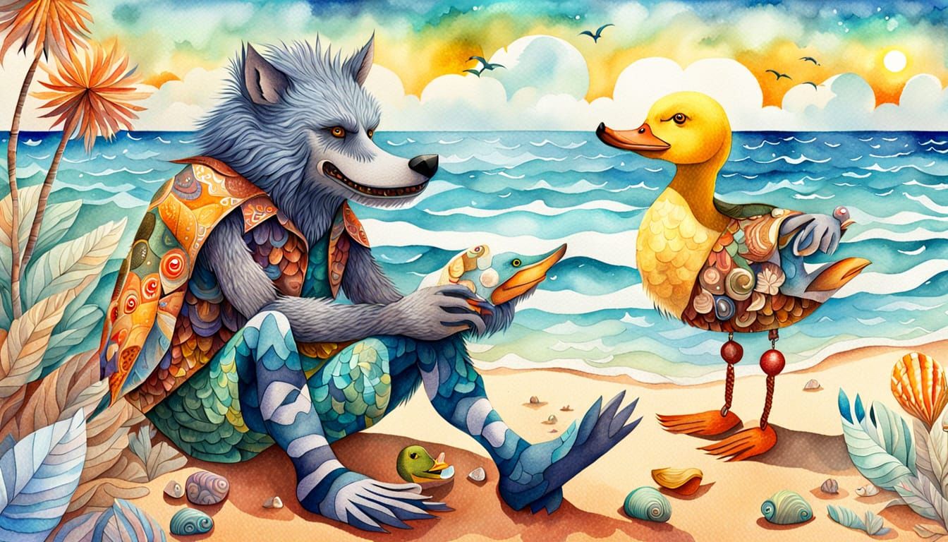 Werewolf and Duck Beach Holiday in Yerka-Picasso Style