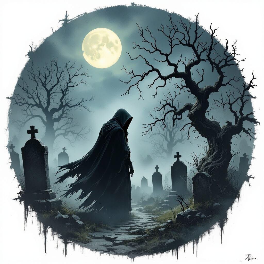 Phantom Drifting Through Graveyard in Dark Fantasy Style
