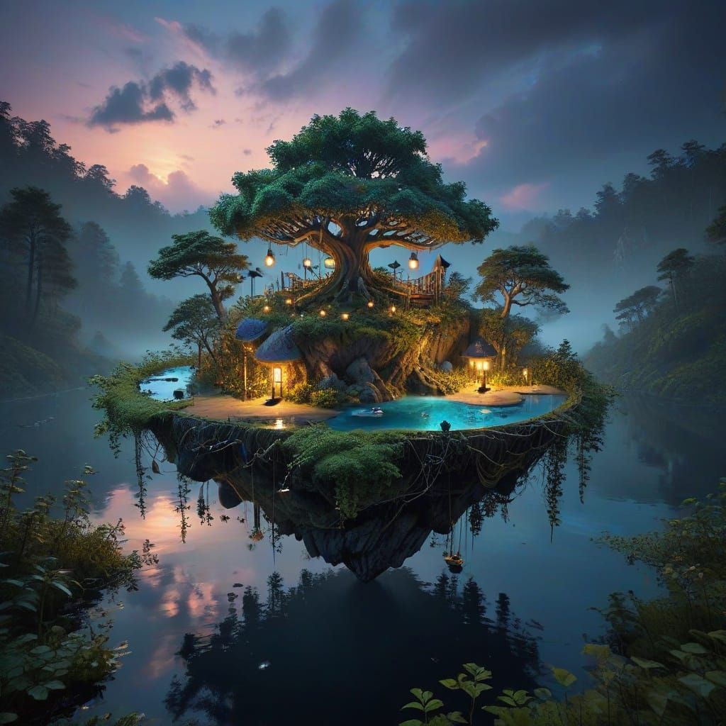 Floating island, whimsical forestscape twilight