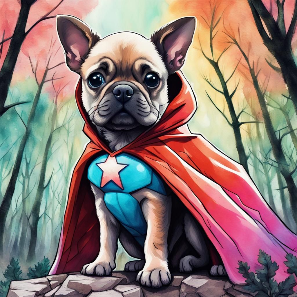 Fierce Puppy Superhero in Vaporwave Watercolor Style