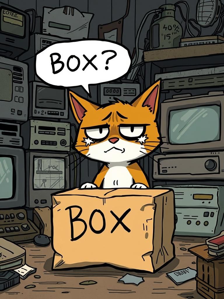 Distressed Cartoon Cat and Mysterious Cardboard Box