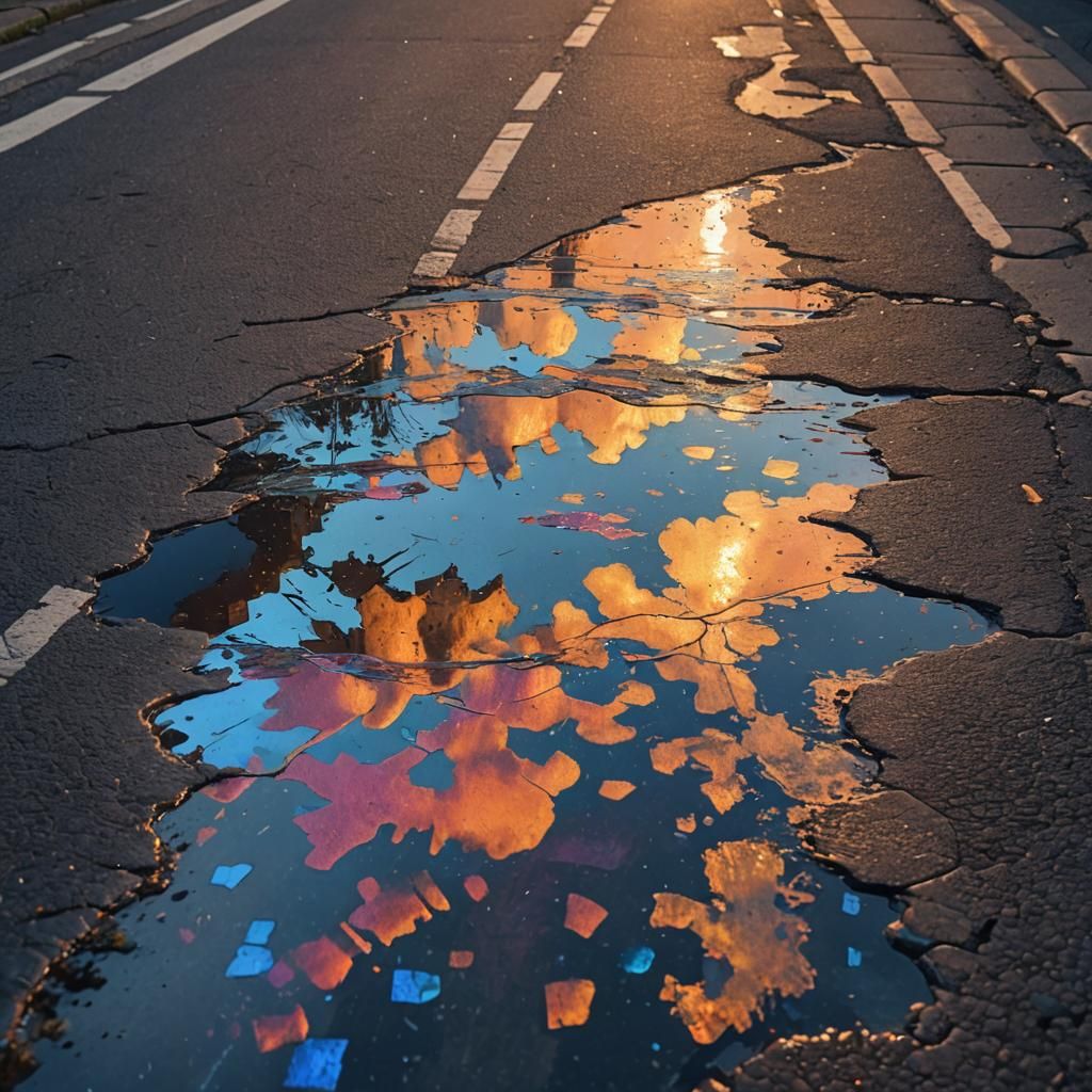 Holographic Sunset Reflection in a Puddle