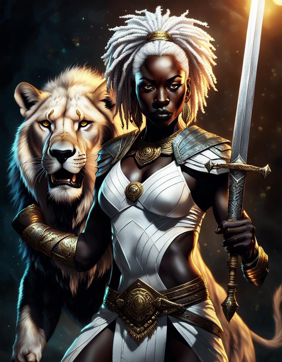 Nubian Warrior Woman with Lion-Hyena, Concept Art
