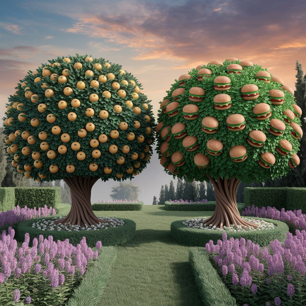 Surreal Paradise with Golden Apples and Fast Food