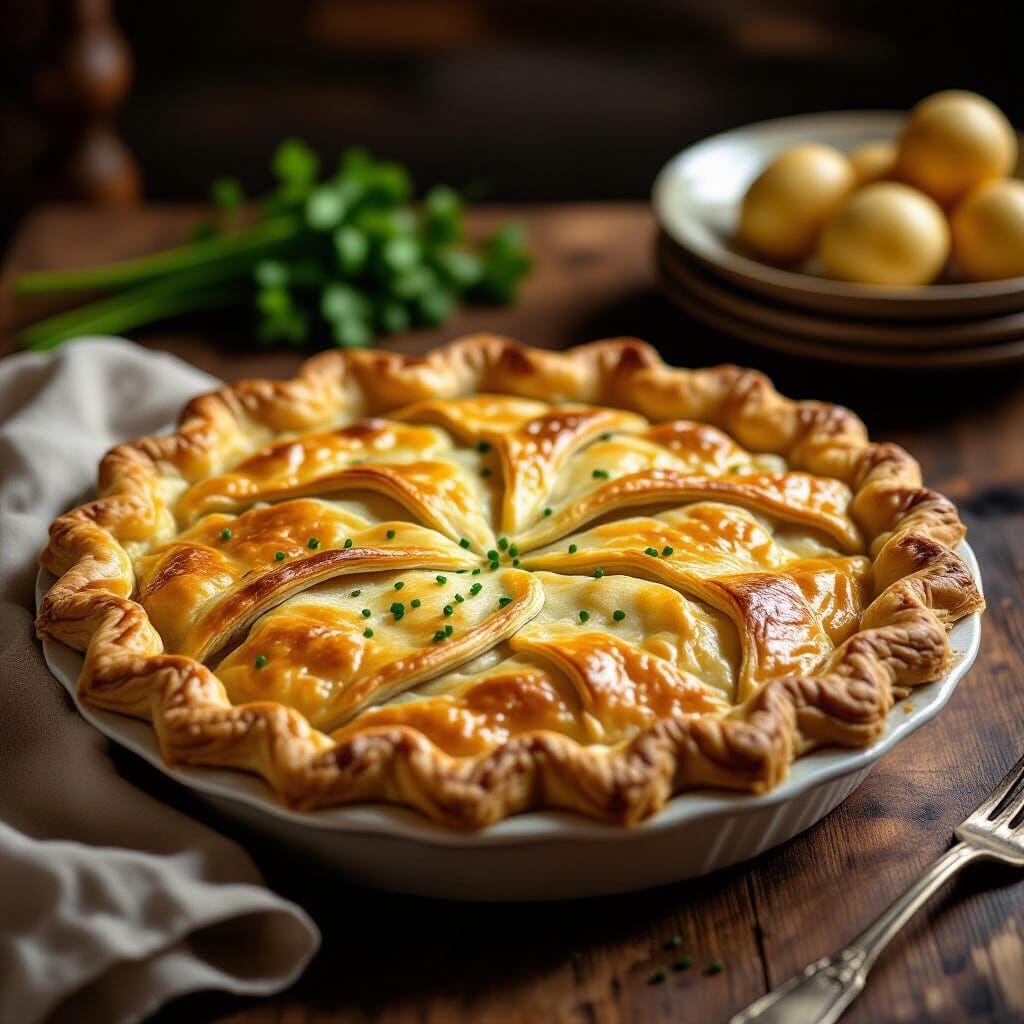 Golden Potato Pie on Antique Table