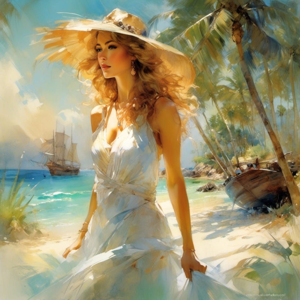 Woman Sailing in Tropical Paradise, Painterly Style