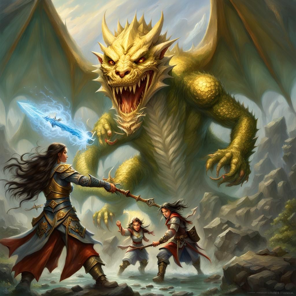 Fantasy Battle: Half-Orc, Dragon, and Magic in Ethereal Styl...