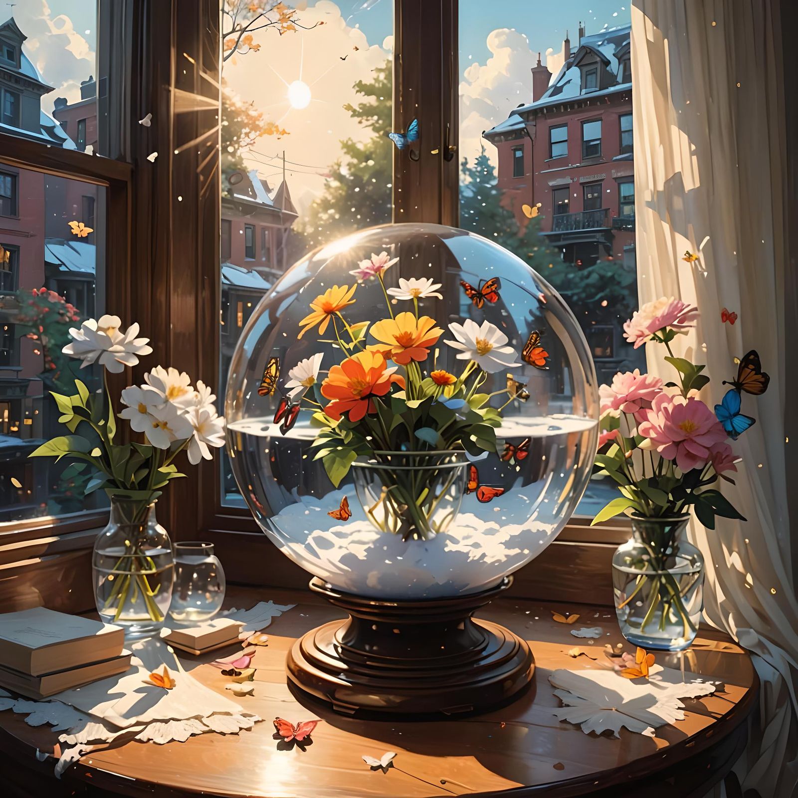 Blooming Snow Globe in Detailed Digital Painting Style