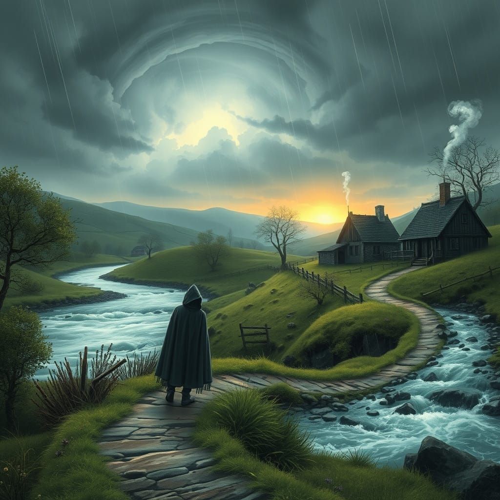 Mysterious Figure in Whimsical Fantasy Landscape