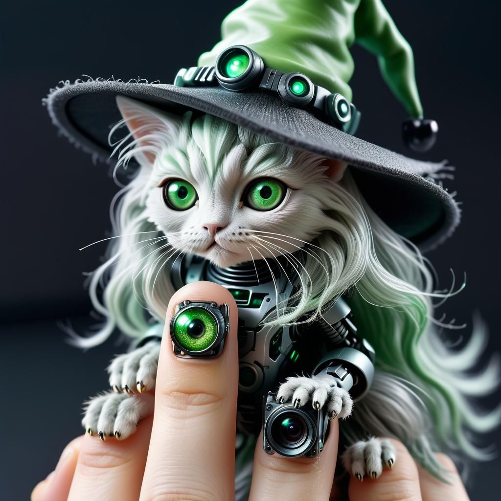 Futuristic Robotic Witch with Kitten, Hyperrealistic Macro S...